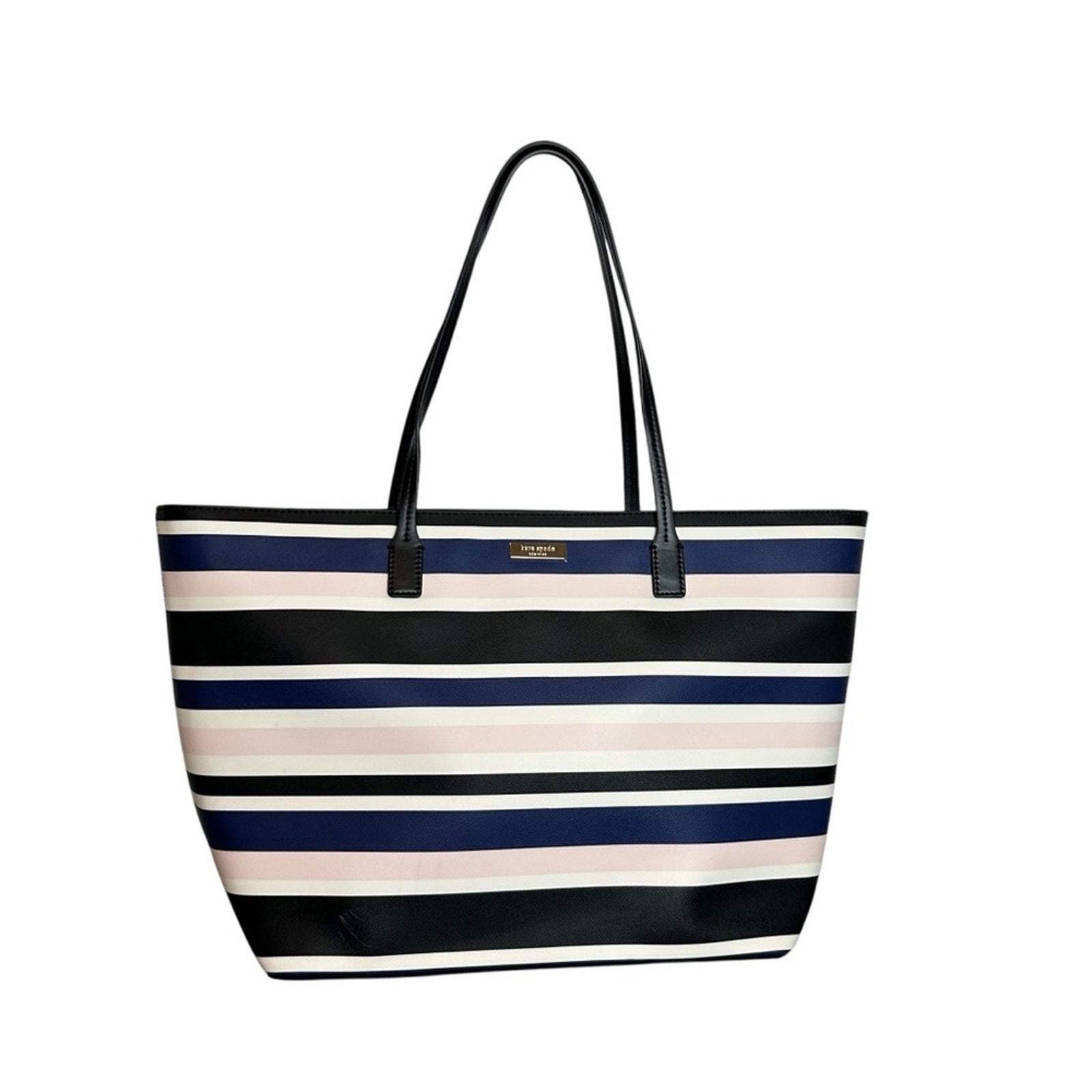 Kate Spade Tote Bag Black, Blue, & Pink Cruise Stripe Vinyl Zip Top Closure